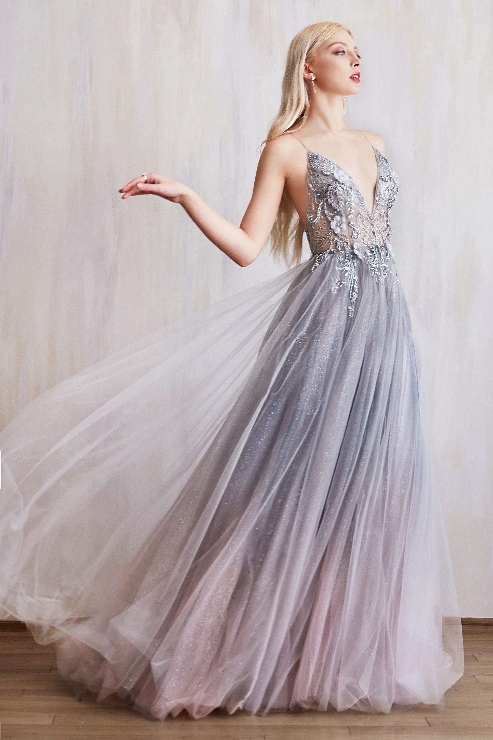 MyFashion.com - DREAMER 3D FLORAL AND BEADED V-NECK OMBRE TULLE A-LINE GOWN. BACK ZIPPER CLOSURE, SOME STRETCH.(A0850) - Andrea&Leo promdress eveningdress fashion partydress weddingdress 
 gown homecoming promgown weddinggown 