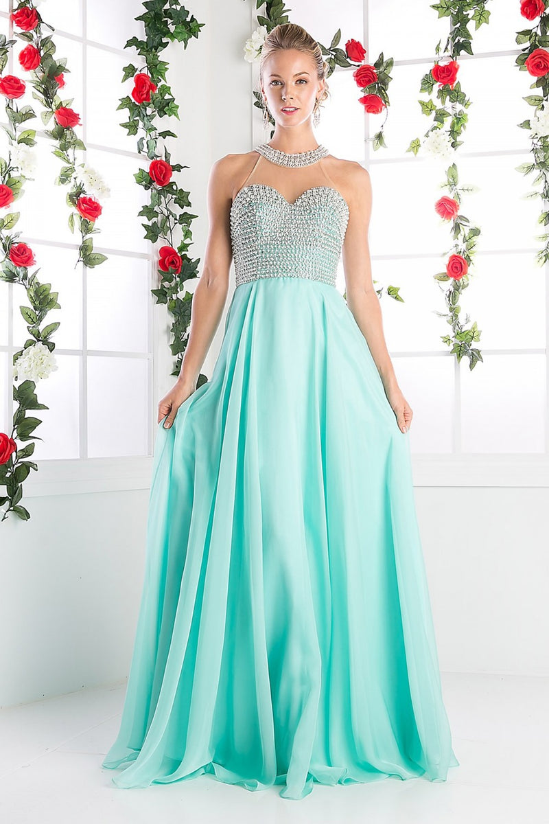 Beaded Halter Chiffon Gown by Cinderella Divine -8107