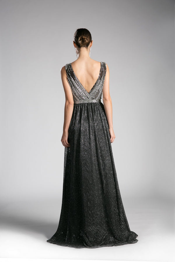 Beaded Bodice Metallic Knit Empire Waist Dress by Cinderella Divine -8269