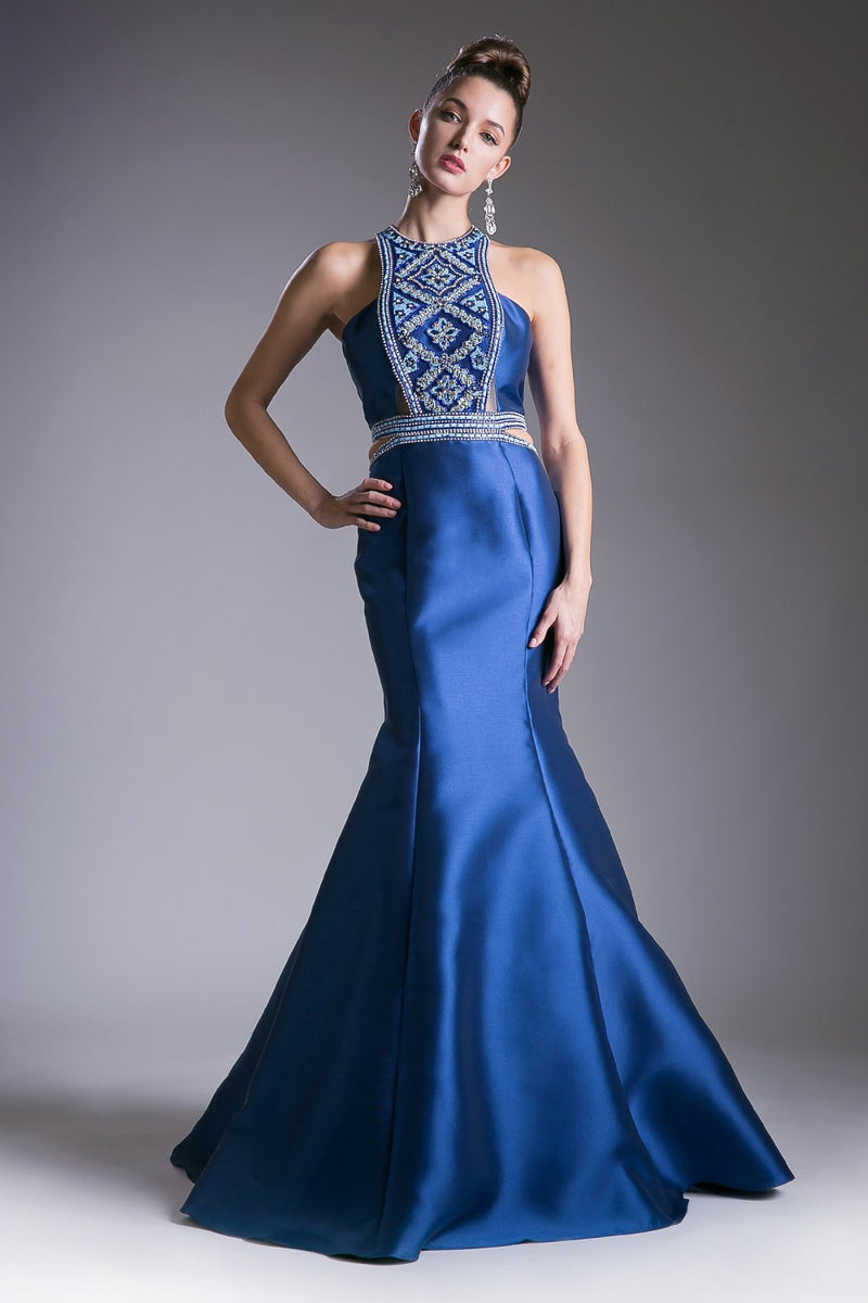 Halter Mermaid Mikado Gown With Waist Cut Outs And Geometric Beaded Details by Cinderella Divine -83789