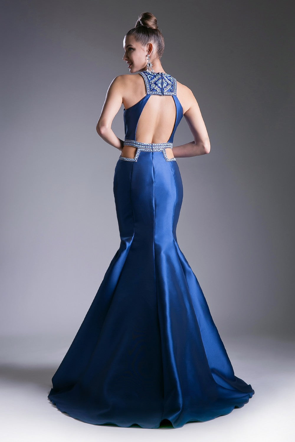 Halter Mermaid Mikado Gown With Waist Cut Outs And Geometric Beaded Details by Cinderella Divine -83789