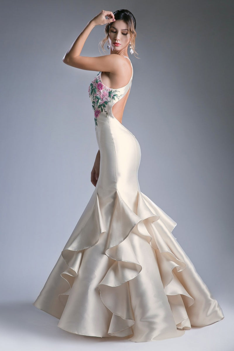Fitted Mikado Mermaid Dress With Embroidered Flowers And Keyhole Back Opening by Cinderella Divine -83830