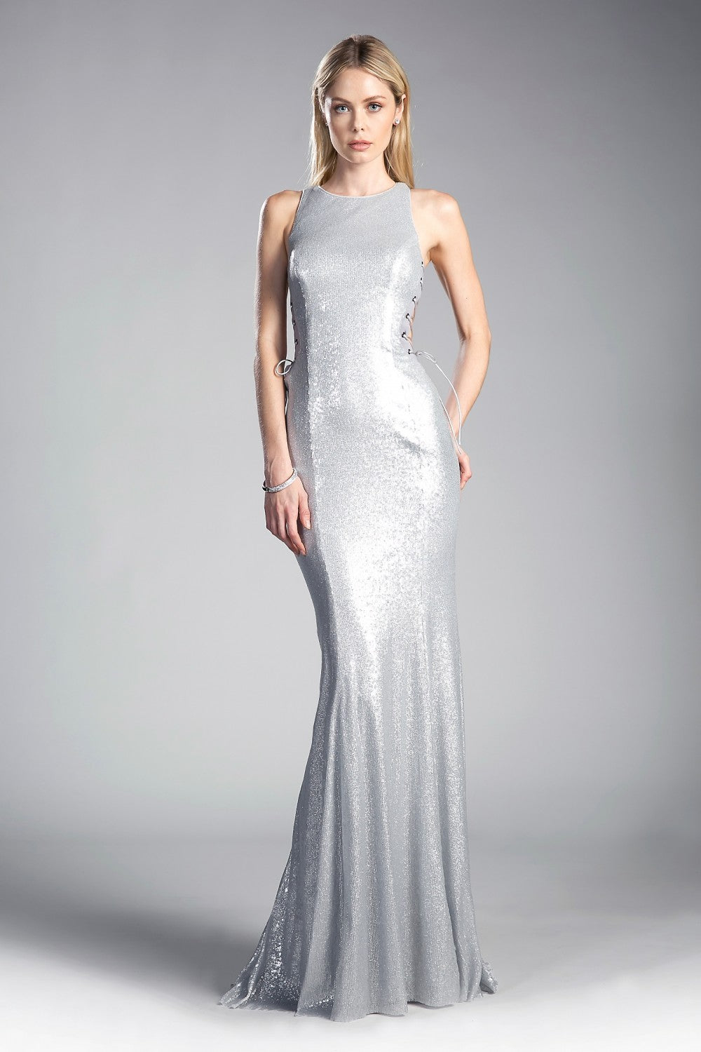 Fitted Sequin Gown With High Neckline And Lace Up Side Cut Outs by Cinderella Divine -84977