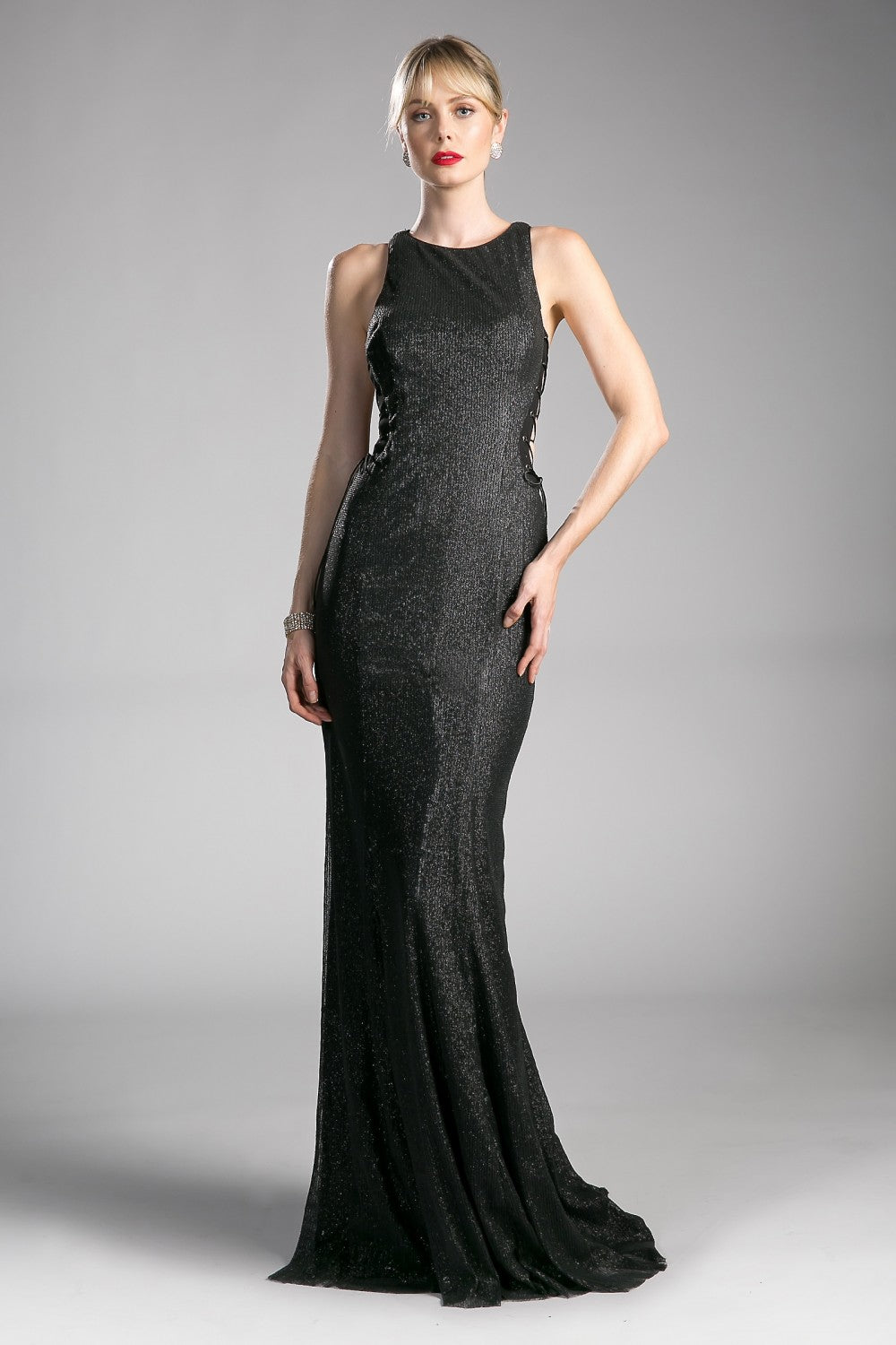 Fitted Sequin Gown With High Neckline And Lace Up Side Cut Outs by Cinderella Divine -84977