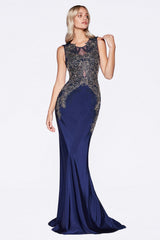 Fitted Satin Gown With Beaded Lace Details And Illusion Tulle Back by Cinderella Divine -8912