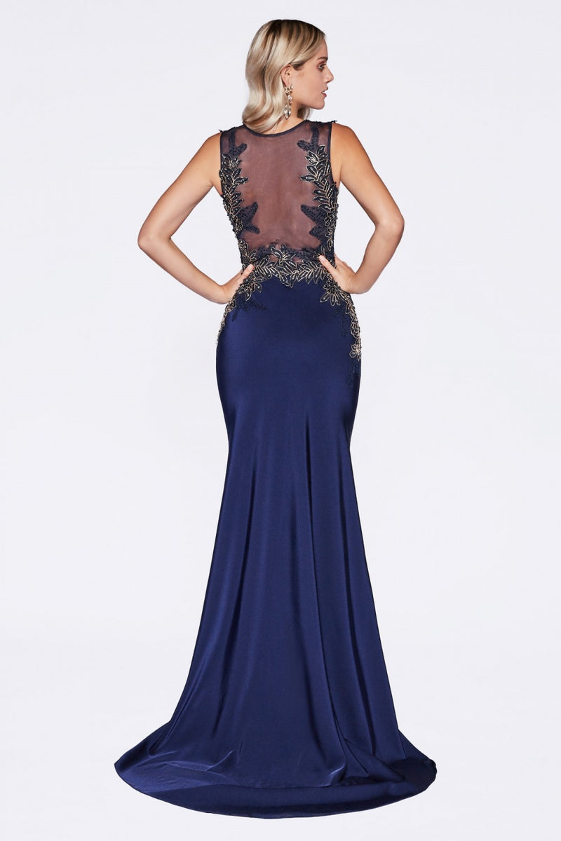 Fitted Satin Gown With Beaded Lace Details And Illusion Tulle Back by Cinderella Divine -8912