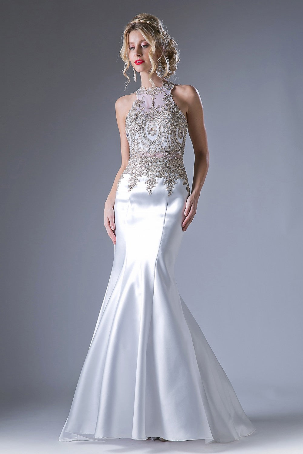 Fitted Mermaid Gown With Lace Halter Neckline And Embelished Details by Cinderella Divine -8934