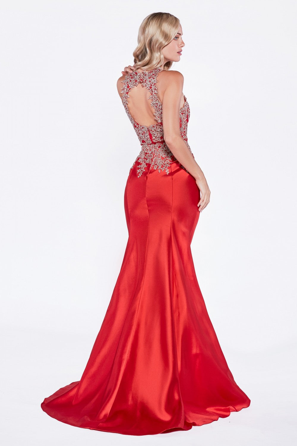 Fitted Mermaid Gown With Lace Halter Neckline And Embelished Details by Cinderella Divine -8934