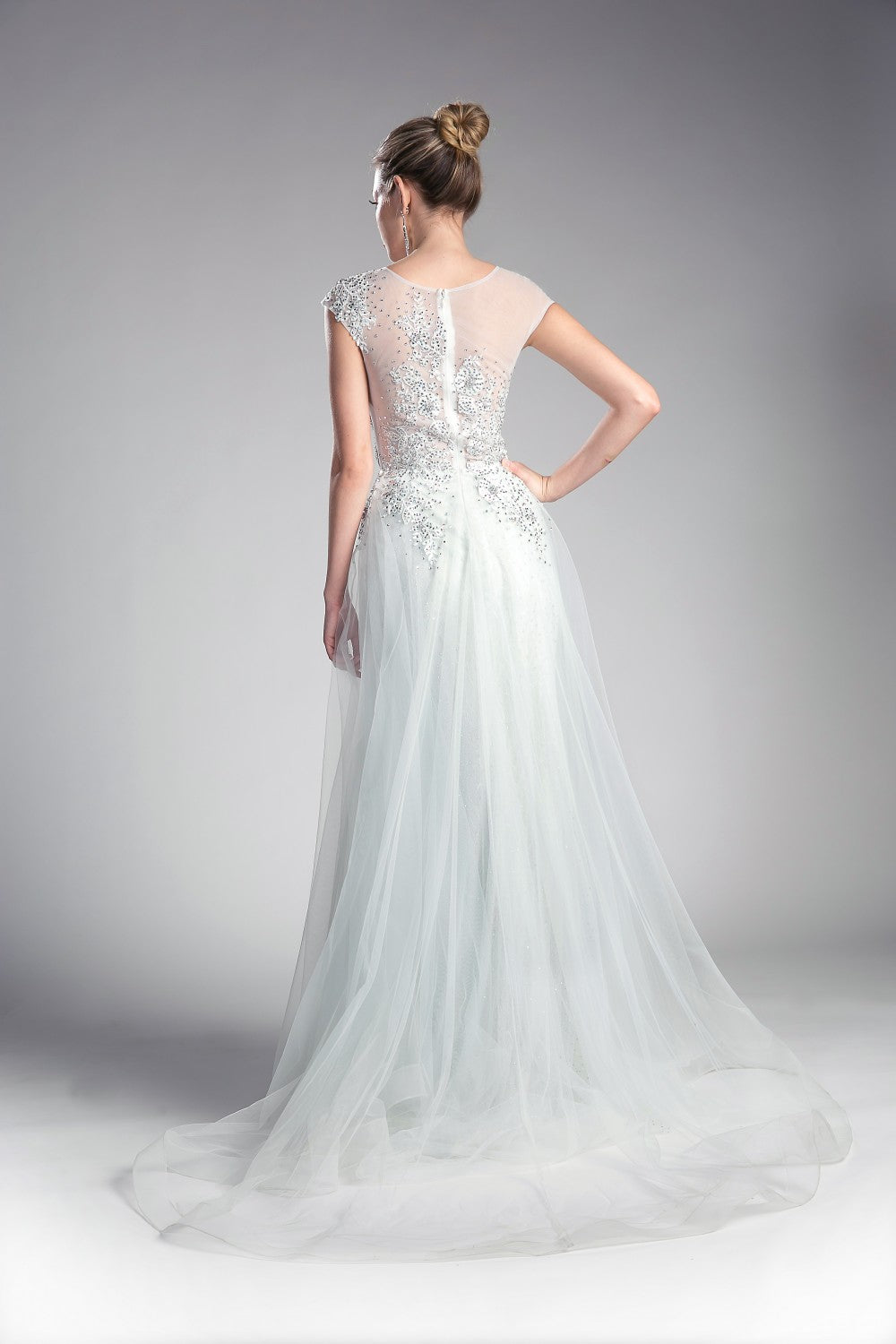 A-Line Tulle Dress With Beaded Cap Sleeve Bodice And Illusion Back by Cinderella Divine -8992