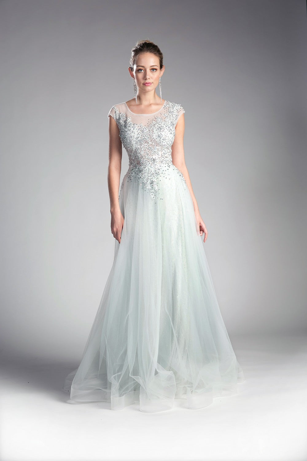 A-Line Tulle Dress With Beaded Cap Sleeve Bodice And Illusion Back by Cinderella Divine -8992