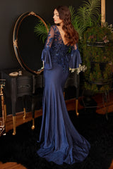 Long Bell Sleeve Lace & Satin Gown By Cinderella Divine -9247