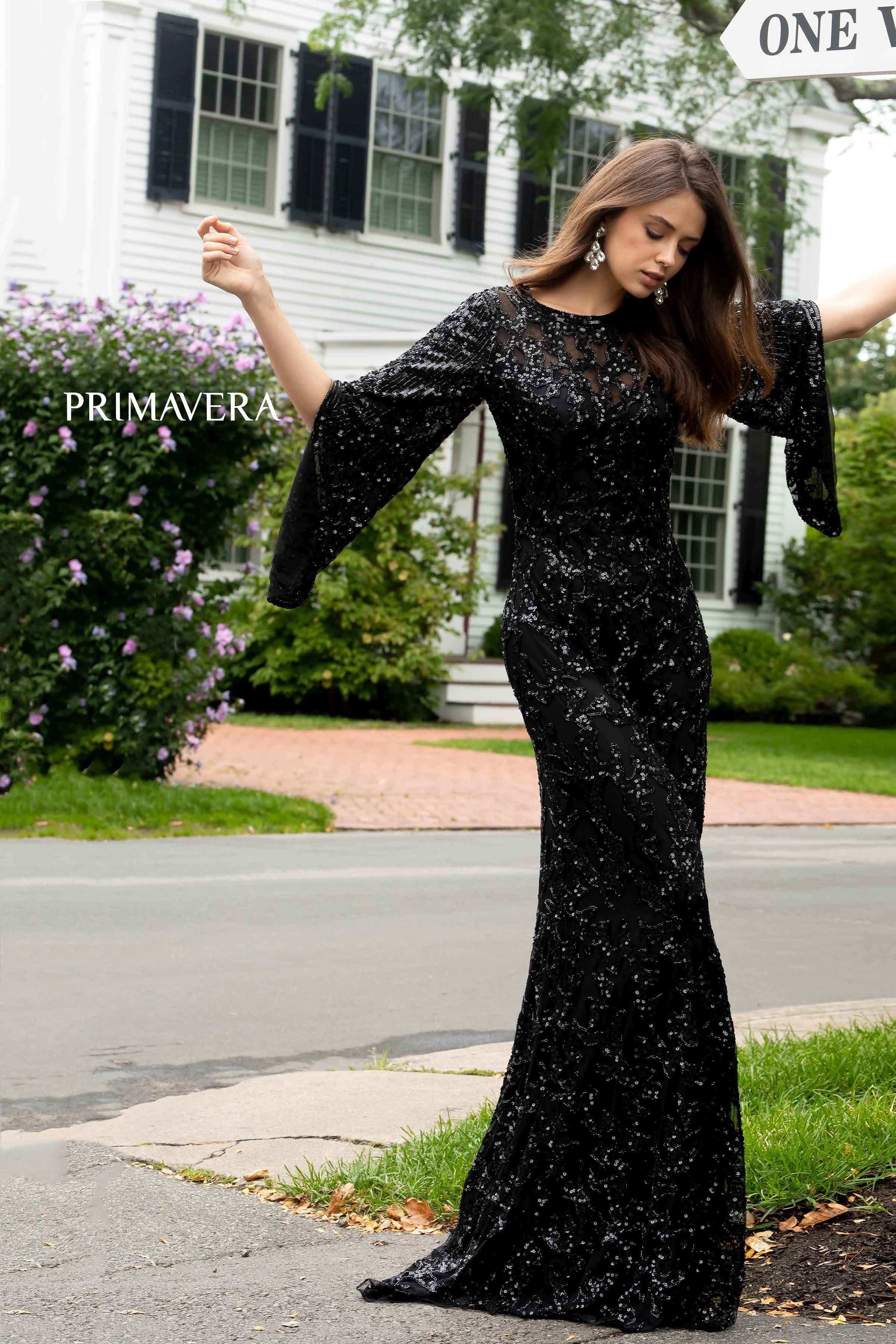 Sequined Flare Sleeve Illusion Sheath Gown By Primavera Couture -9713