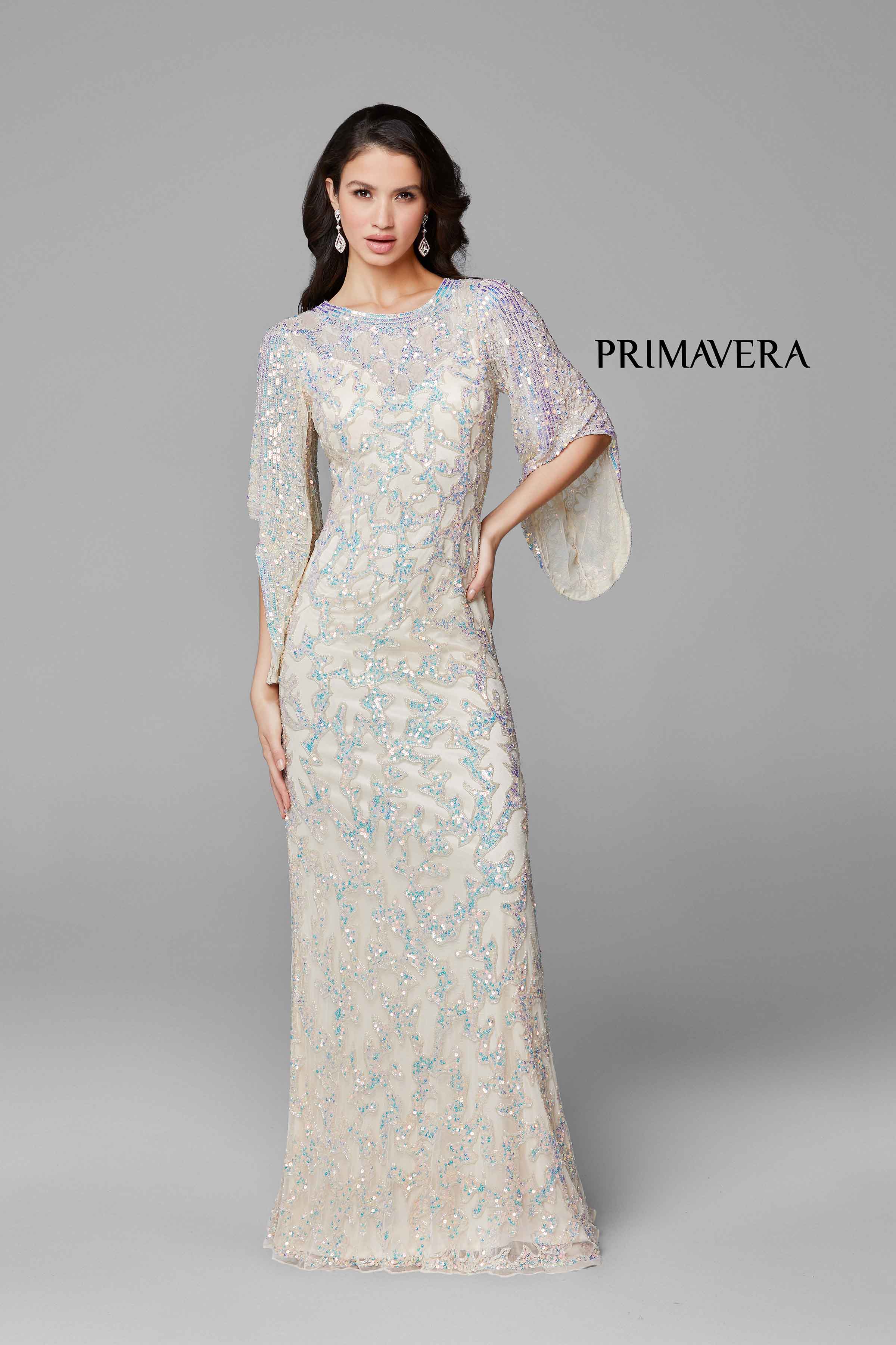 Sequined Flare Sleeve Illusion Sheath Gown By Primavera Couture -9713