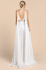 Satin A-Line Gown With Cape Sleeve, High Slit And Underskirt by Cinderella Divine -A0065