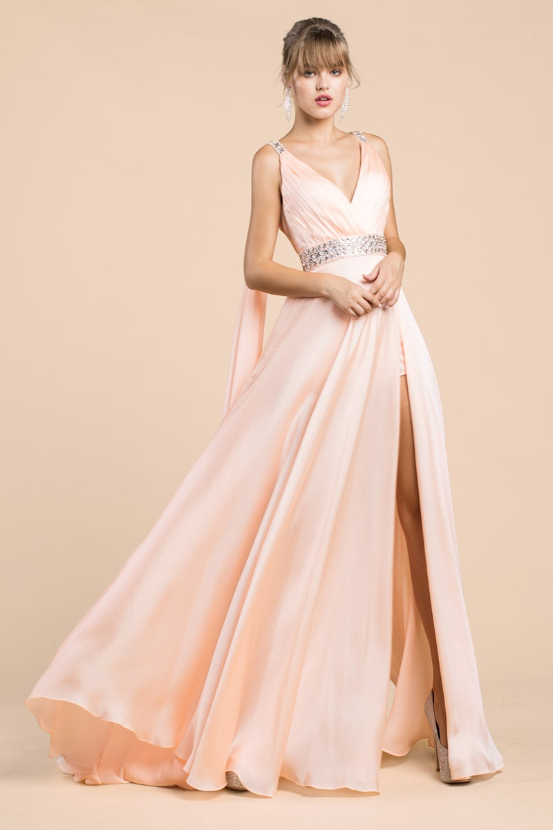 Satin A-Line Gown With Cape Sleeve, High Slit And Underskirt by Cinderella Divine -A0065
