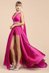 Satin A-Line Gown With Cape Sleeve, High Slit And Underskirt by Cinderella Divine -A0065