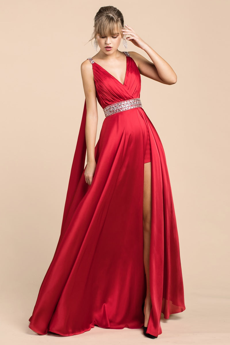 Satin A-Line Gown With Cape Sleeve, High Slit And Underskirt by Cinderella Divine -A0065