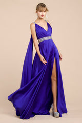 Satin A-Line Gown With Cape Sleeve, High Slit And Underskirt by Cinderella Divine -A0065