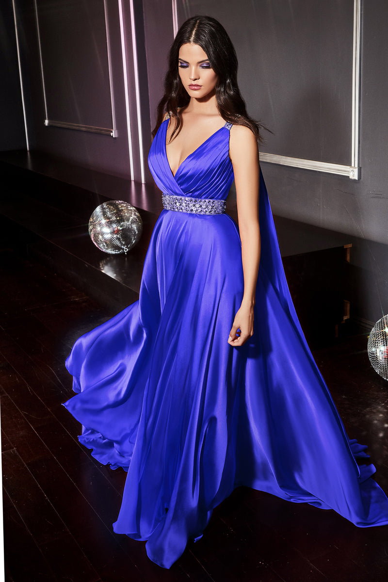Satin A-Line Gown With Cape Sleeve, High Slit And Underskirt by Cinderella Divine -A0065