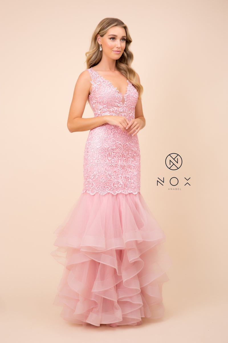 MyFashion.com - BEADED LACE RUFFLED MERMAID PROM DRESS BY NOX ANABEL.(A059) - Nox Anabel promdress eveningdress fashion partydress weddingdress 
 gown homecoming promgown weddinggown 