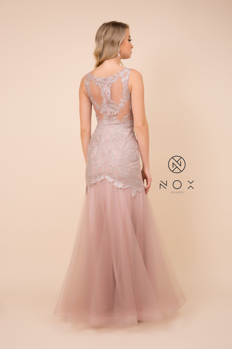 MyFashion.com - FLOOR-LENGTH LACE APPLIQUE DRESS WITH TULLE SKIRT (A396) - Nox Anabel promdress eveningdress fashion partydress weddingdress 
 gown homecoming promgown weddinggown 