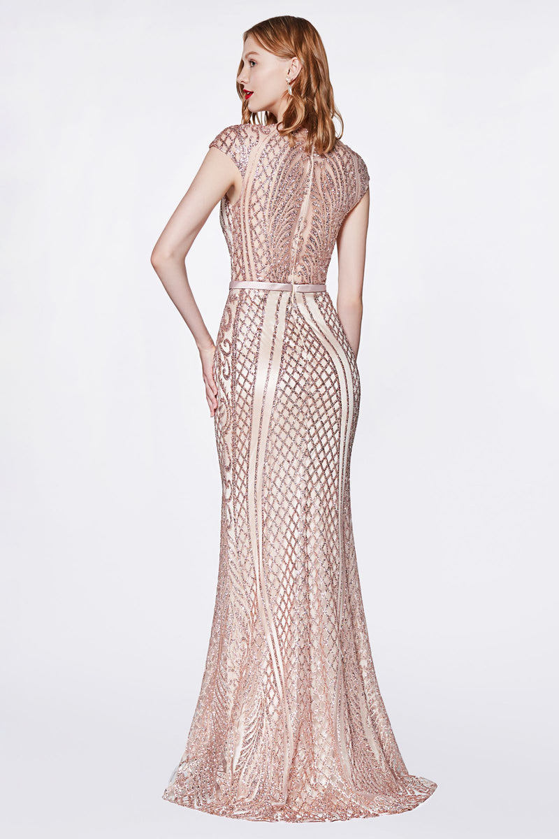MyFashion.com - Fitted lattice print glitter gown with cap sleeves and closed back.(J768) - Cinderella Divine promdress eveningdress fashion partydress weddingdress 
 gown homecoming promgown weddinggown 