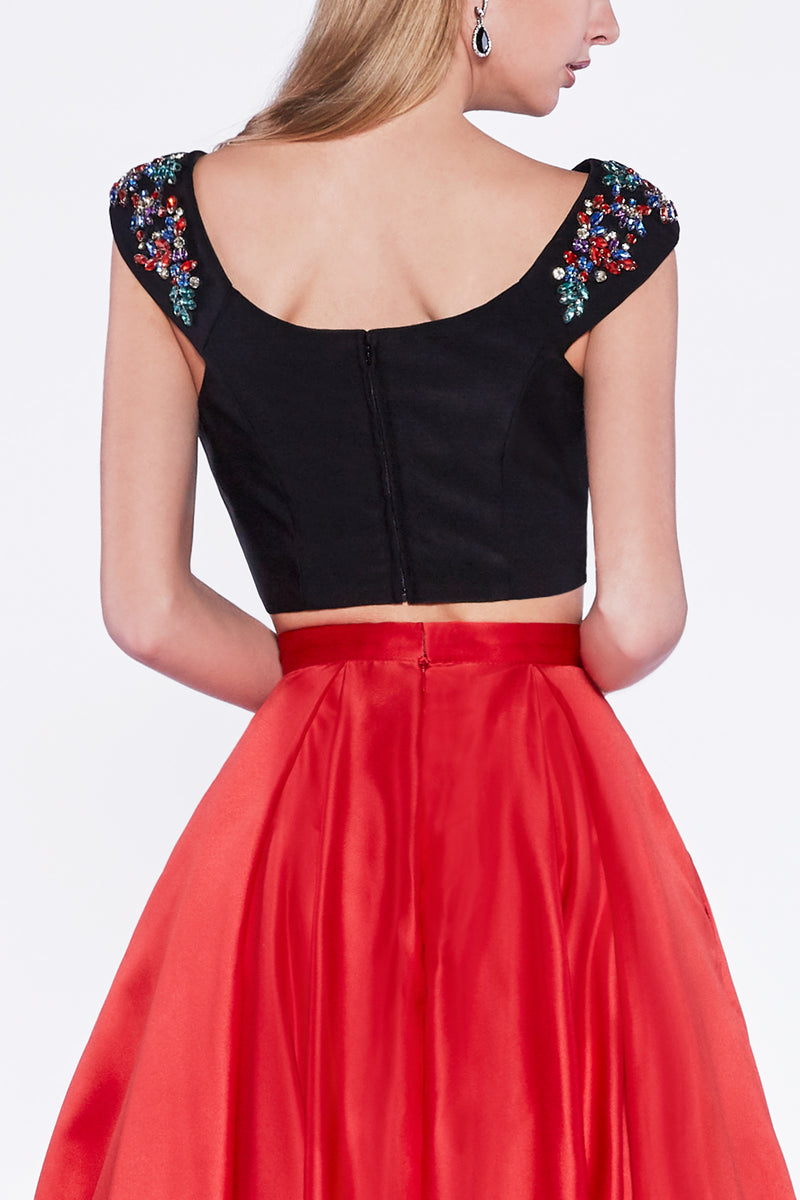Off The Shoulder Two Piece Gown With Floral Detailed Sleeve And Mikado Skirt by Cinderella Divine -CA316