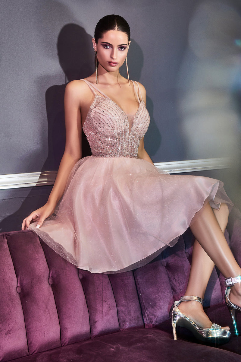 A-Line Short Dress With Embellished Bodice And Layered Tulle Glitter Skirt by Cinderella Divine -CD0148