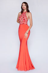 Fitted Jersey Gown With Beaded Halter Neckline And Open Back by Cinderella Divine -CR770