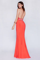 Fitted Jersey Gown With Beaded Halter Neckline And Open Back by Cinderella Divine -CR770