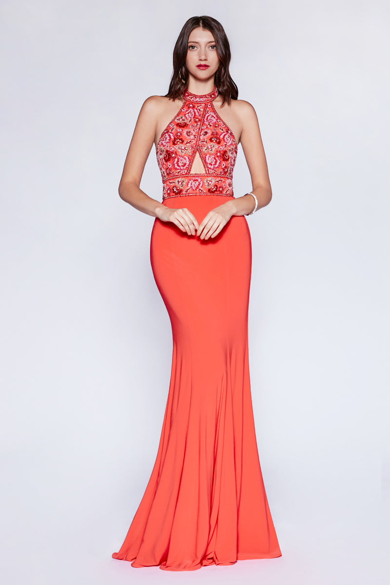 Fitted Jersey Gown With Beaded Halter Neckline And Open Back by Cinderella Divine -CR770