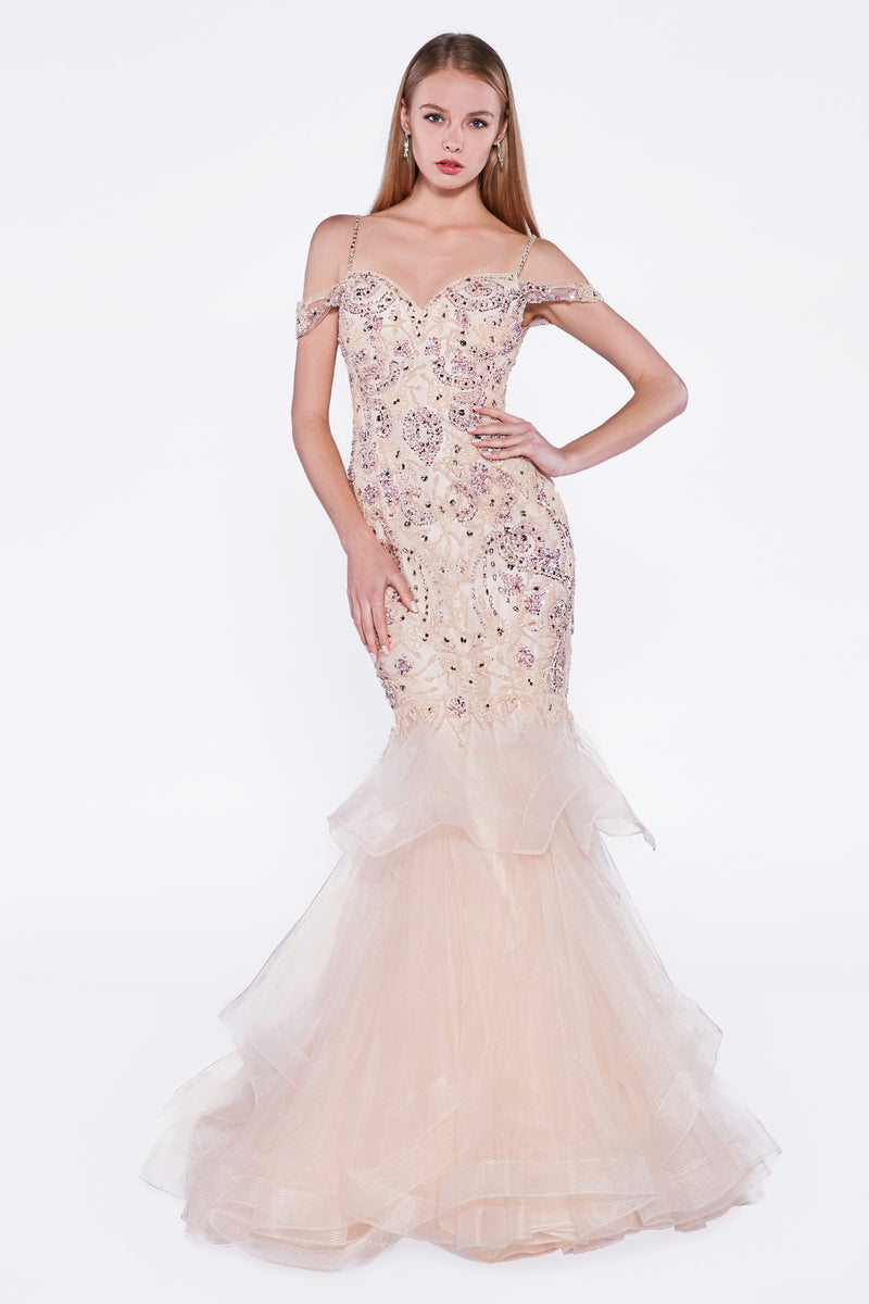 Off The Shoulder Beaded Mermaid Gown With Layered Tulle And Horse Hair Trim by Cinderella Divine -CR776