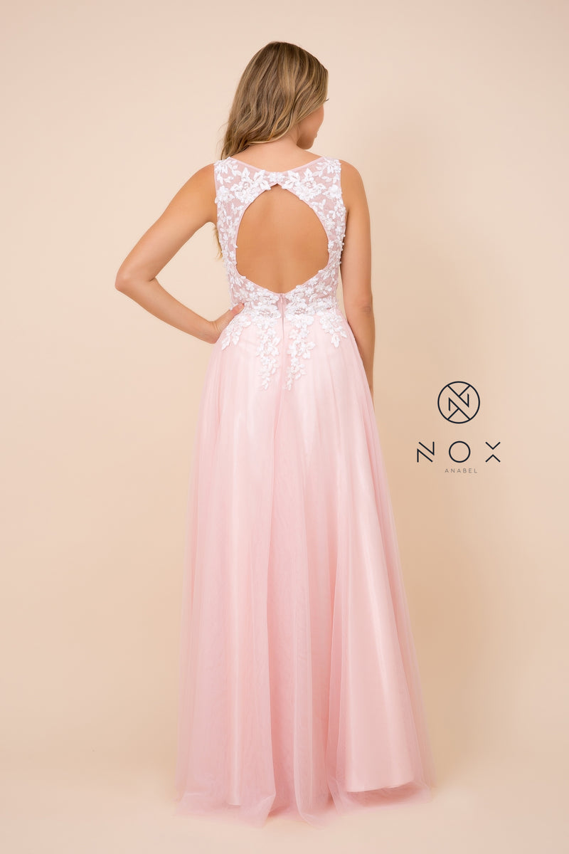 MyFashion.com - FULL-LENGTH TULLE DRESS WITH EMBROIDERED BODICE AND CUTOUT OPEN BACK (G048) - Nox Anabel promdress eveningdress fashion partydress weddingdress 
 gown homecoming promgown weddinggown 