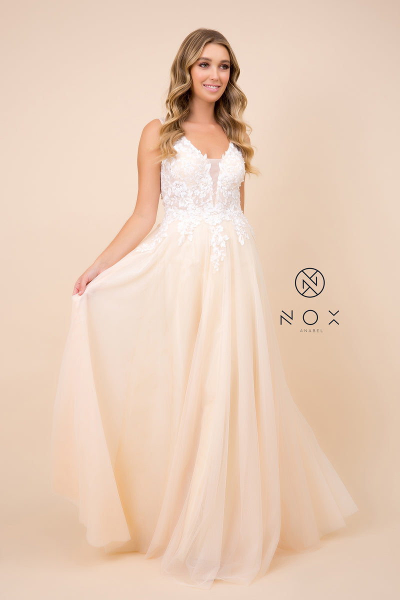MyFashion.com - FULL-LENGTH TULLE DRESS WITH EMBROIDERED BODICE AND CUTOUT OPEN BACK (G048) - Nox Anabel promdress eveningdress fashion partydress weddingdress 
 gown homecoming promgown weddinggown 