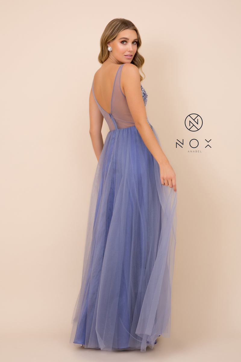 MyFashion.com - FULL-LENGTH SLEEVELESS EMBELLISHED DRESS WITH SIDE LEG SLIT (G388) - Nox Anabel promdress eveningdress fashion partydress weddingdress 
 gown homecoming promgown weddinggown 