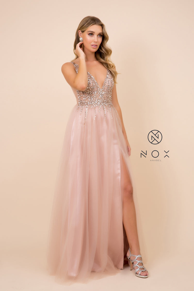 MyFashion.com - FULL-LENGTH SLEEVELESS EMBELLISHED DRESS WITH SIDE LEG SLIT (G388) - Nox Anabel promdress eveningdress fashion partydress weddingdress 
 gown homecoming promgown weddinggown 
