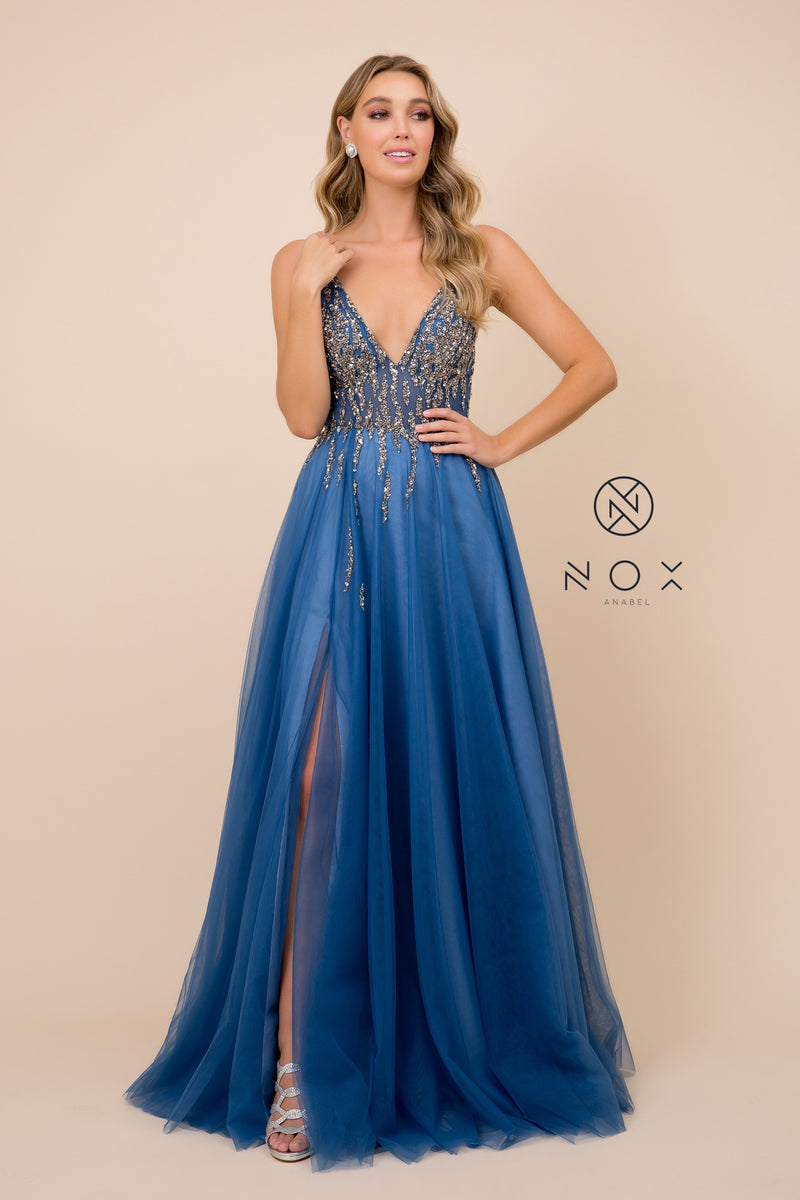 MyFashion.com - FULL-LENGTH V-NECK GOWN WITH SIDE SLIT LEG (J324) - Nox Anabel promdress eveningdress fashion partydress weddingdress 
 gown homecoming promgown weddinggown 