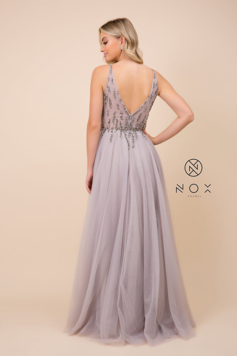MyFashion.com - FULL-LENGTH V-NECK GOWN WITH SIDE SLIT LEG (J324) - Nox Anabel promdress eveningdress fashion partydress weddingdress 
 gown homecoming promgown weddinggown 
