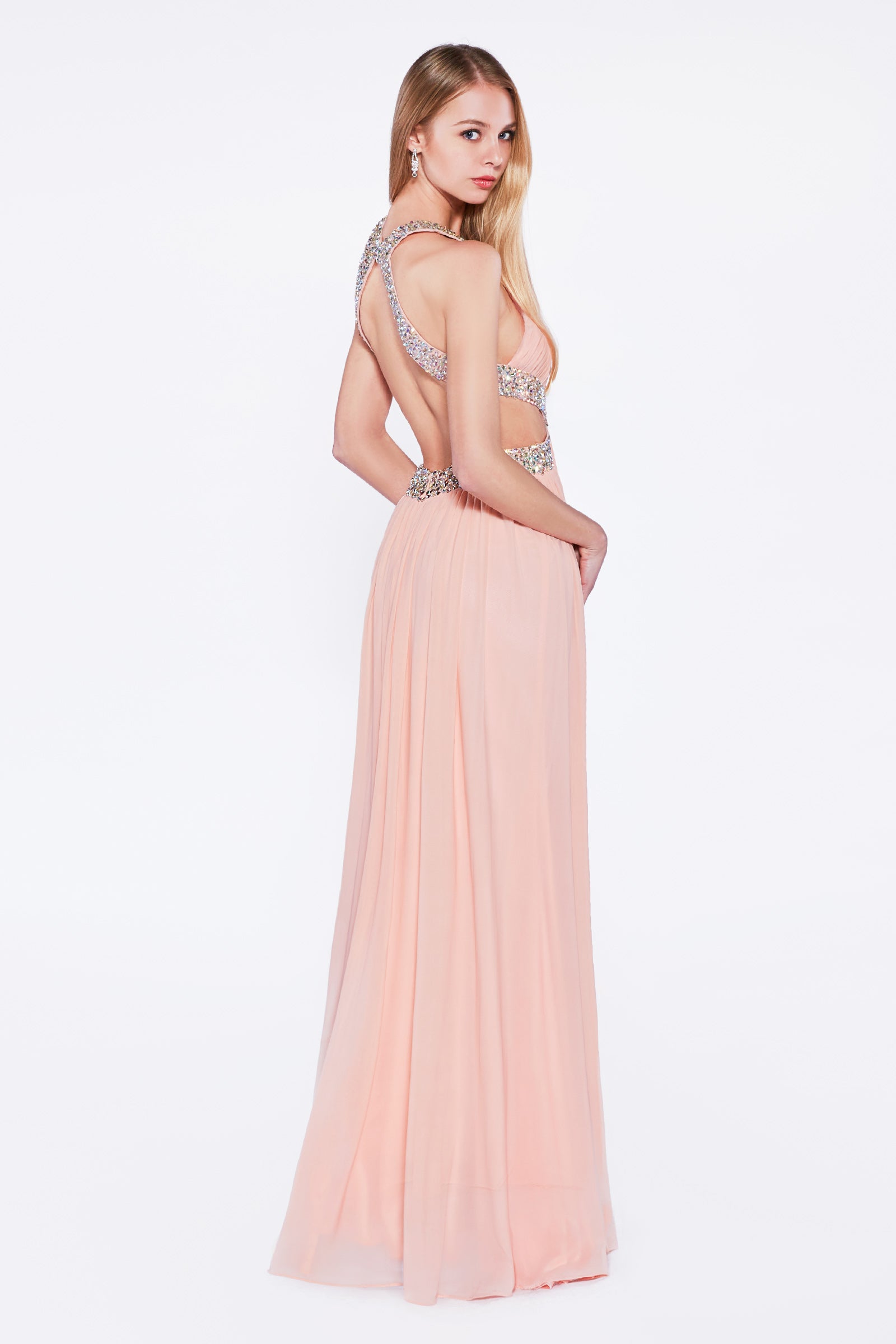 A-Line Stretch Net Dress With Halter Neckline And Beaded Waist Cut Outs by Cinderella Divine -J714