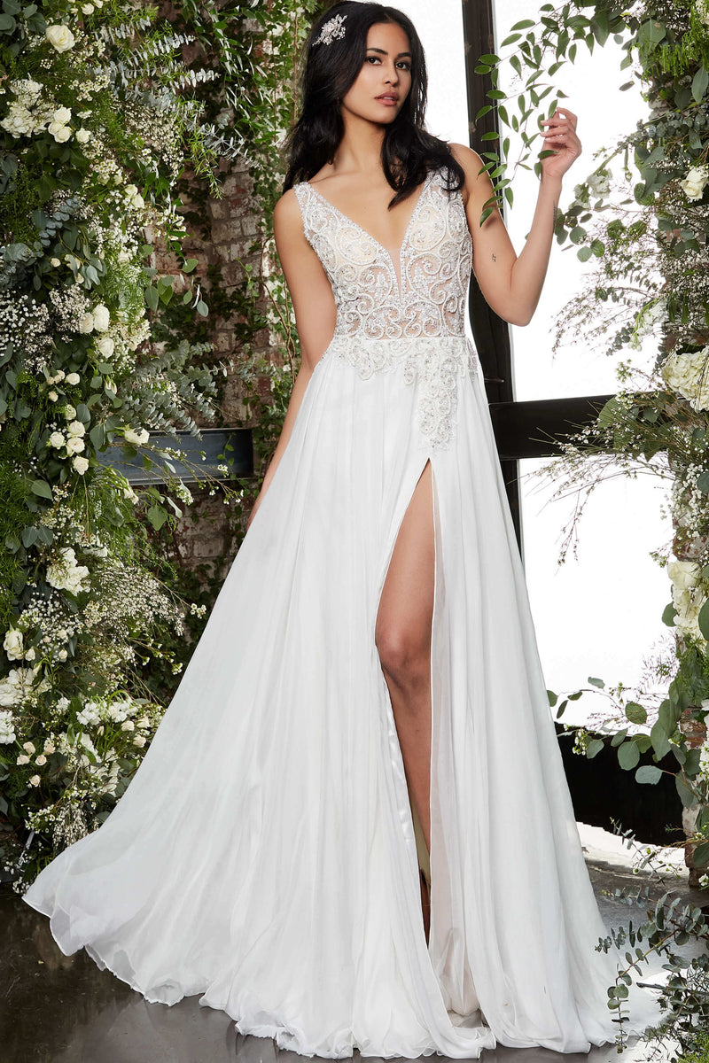 Off White Chiffon High Slit Wedding Dress By Jovani -JB06795