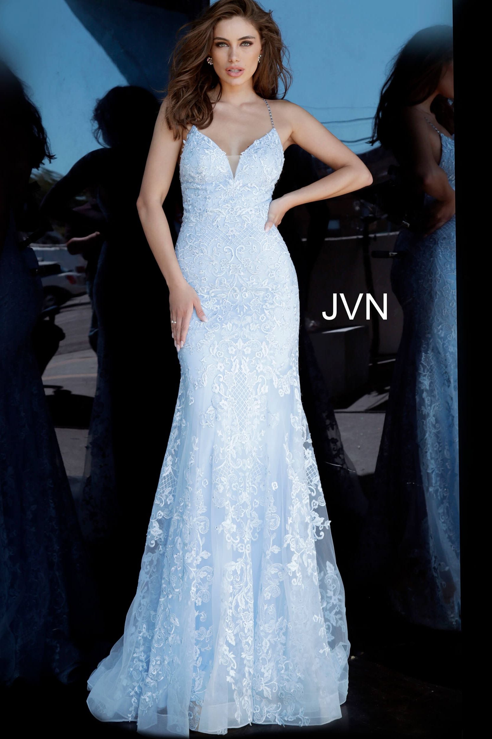 Embroidered V Neck Trumpet Gown By Jovani -JVN02258