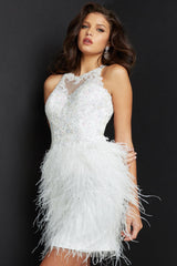 Feather Skirt High Neck Short Dress By Jovani -JVN07895