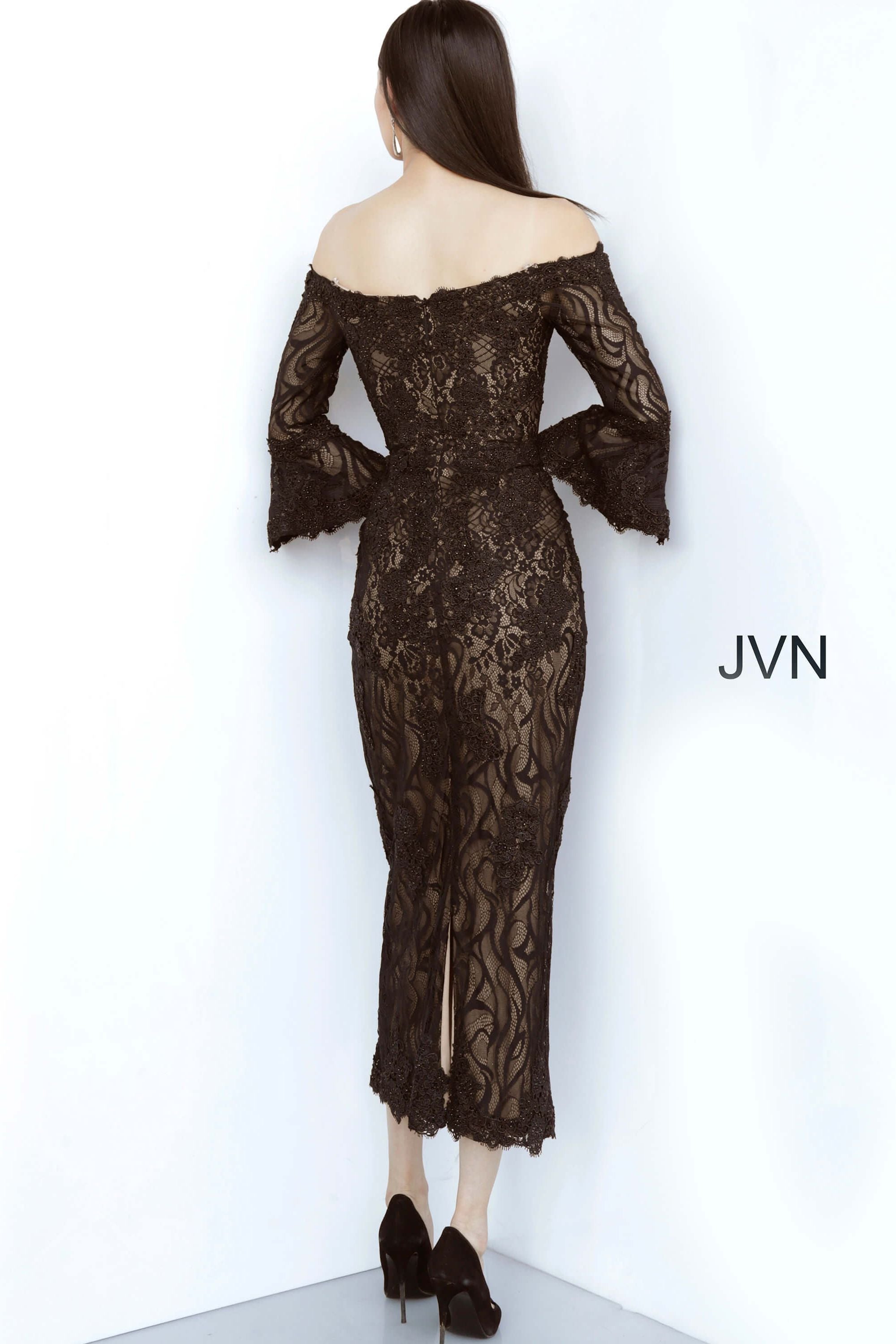 Off The Shoulder Tea Length Lace Evening Dress By Jovani -JVN2241
