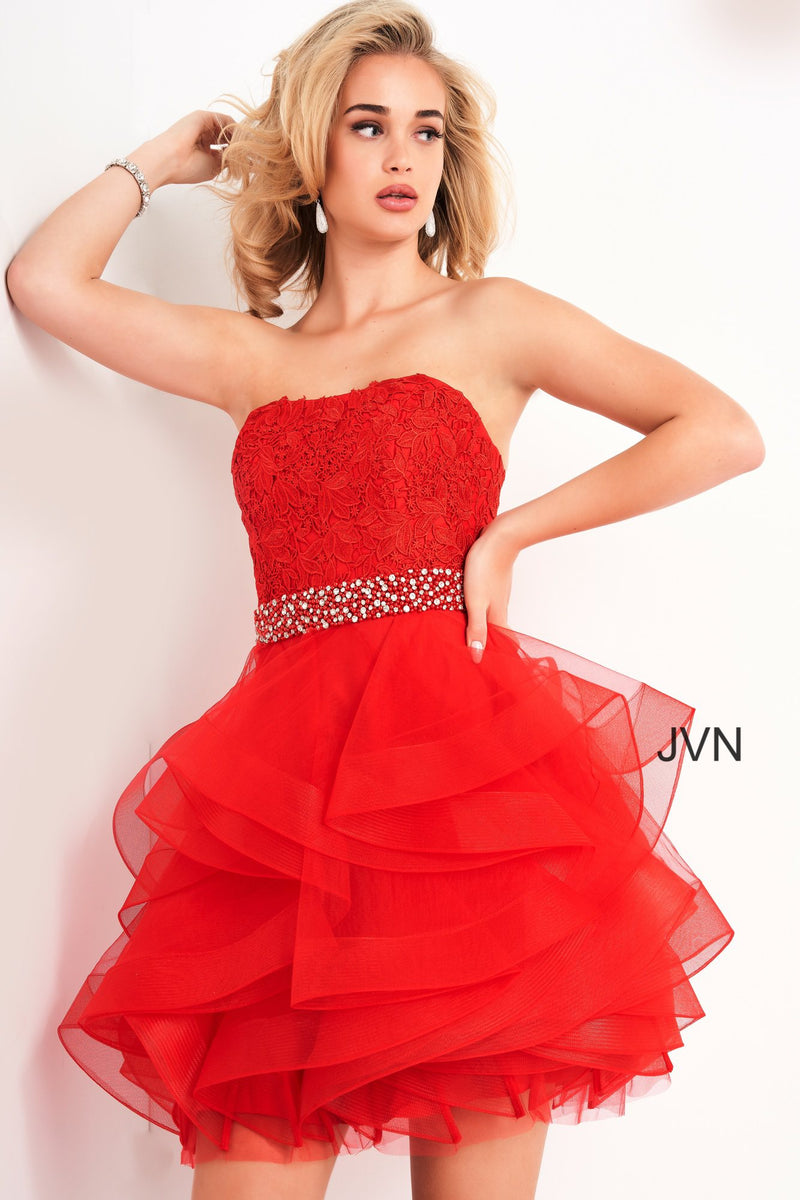 Embellished Belt Strapless Short Dress By Jovani -JVN3099