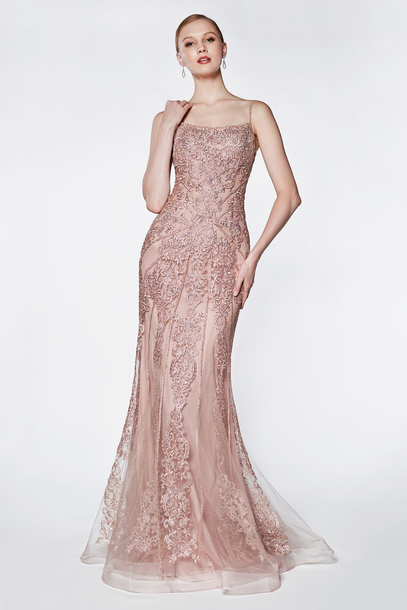 Fit And Flare Gown With Beaded Lace Detail And Straight Neckline by Cinderella Divine -KC885