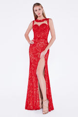 Fitted Gown With Lace Overlay And Illusion High Neckline by Cinderella Divine -KD016
