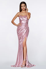 Strapless Fitted Gown With Shiny Metallic Fabric And Leg Slit by Cinderella Divine -KV1036