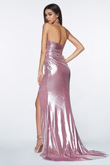 Strapless Fitted Gown With Shiny Metallic Fabric And Leg Slit by Cinderella Divine -KV1036
