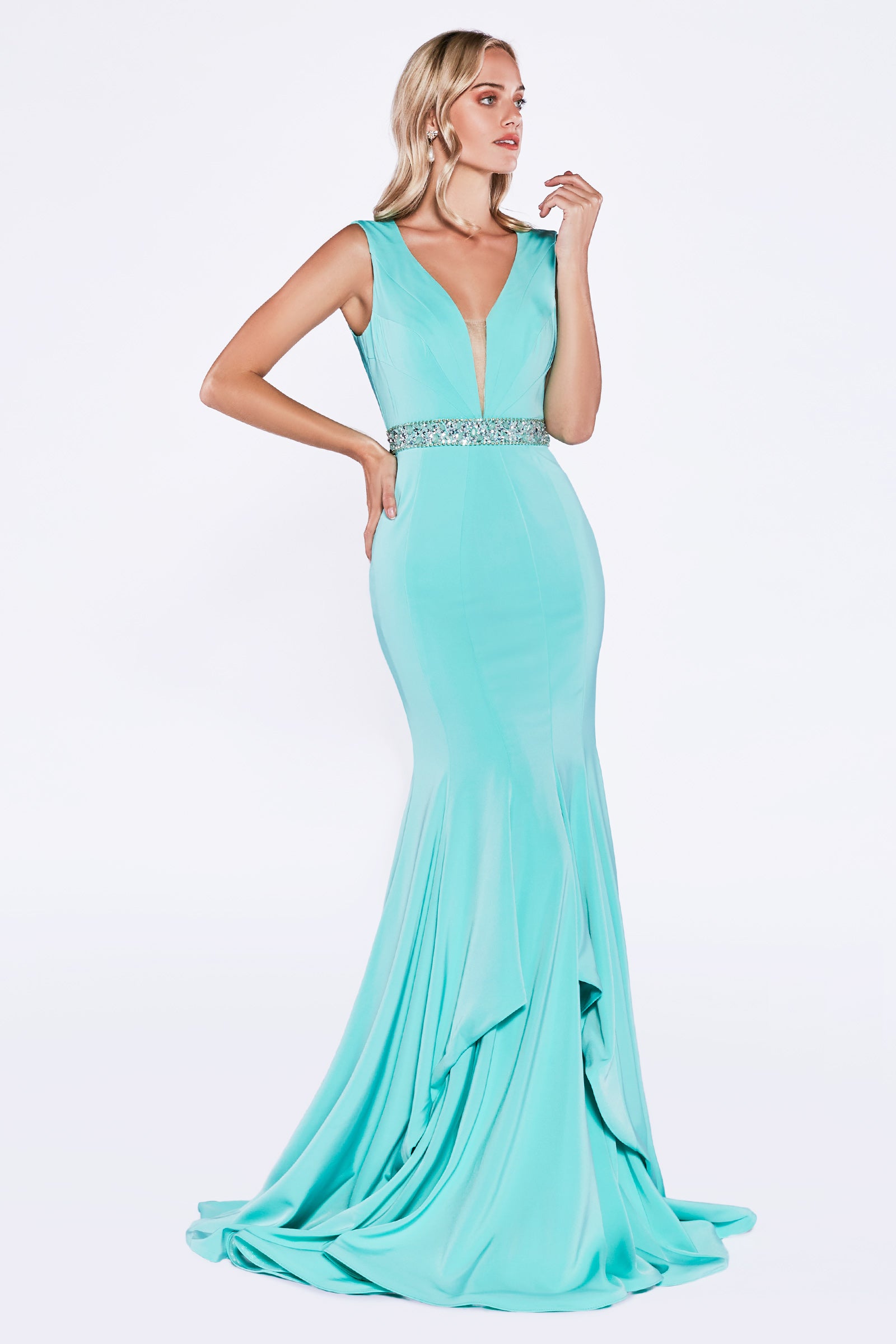 Fitted Mermaid Gown With Open Back And Beaded Belt by Cinderella Divine -P107