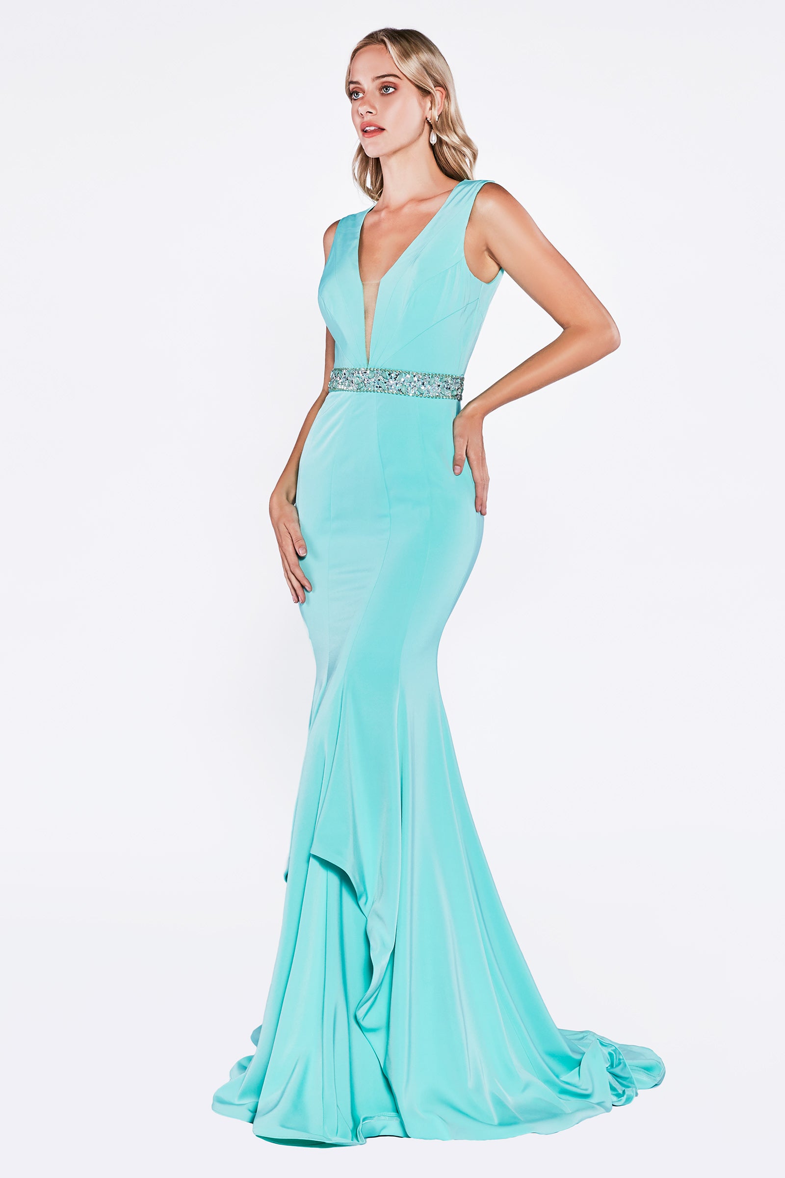 Fitted Mermaid Gown With Open Back And Beaded Belt by Cinderella Divine -P107